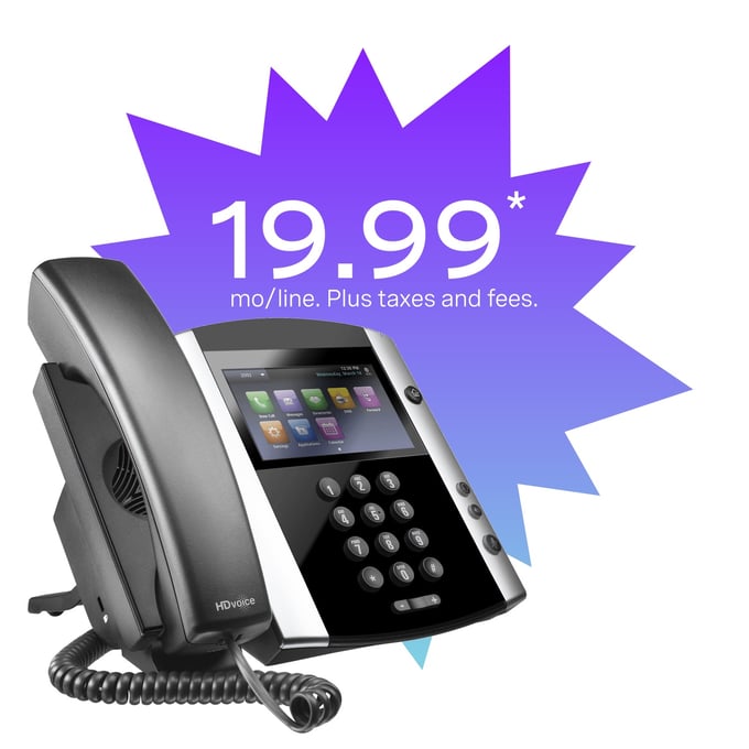 deskphone with 19.99 price deskphone, with illustrated starburst that says 19.99 /mo/line plus taxes and fees