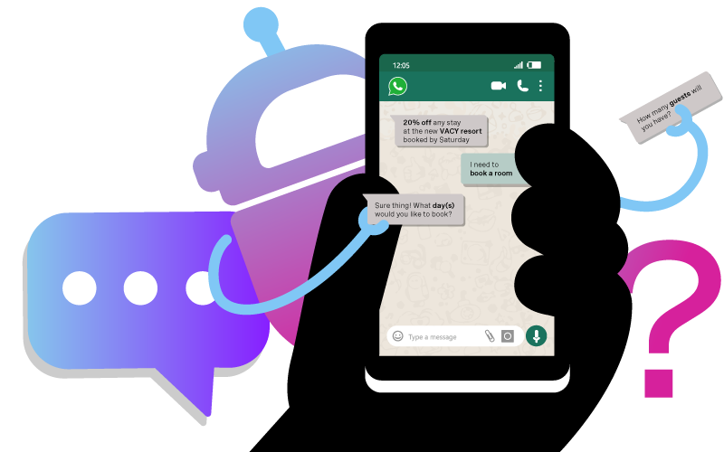 Whatsapp AI Chatbot Conversation Graphic showing a Chatbot building a chat conversation on a mobile phone